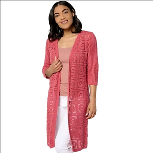Joan Rivers Open-Front Crochet Long Cardigan Duster Sweater New Dark Blush 1X